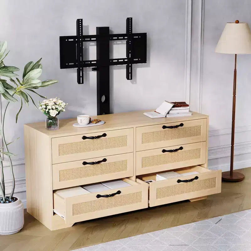 Meuble TV design moderne avec support pour téléviseurs de 32 à 85 pouces, commode en rotin à 6 tiroirs, rangement spacieux, console média