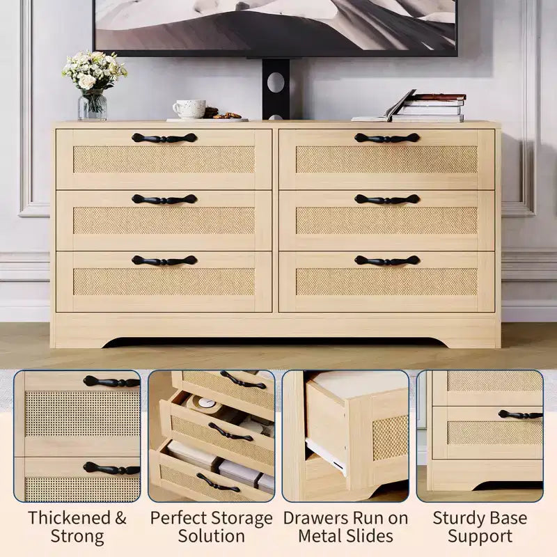Meuble TV design moderne avec support pour téléviseurs de 32 à 85 pouces, commode en rotin à 6 tiroirs, rangement spacieux, console média