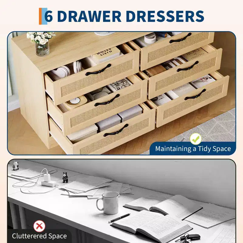 Meuble TV design moderne avec support pour téléviseurs de 32 à 85 pouces, commode en rotin à 6 tiroirs, rangement spacieux, console média