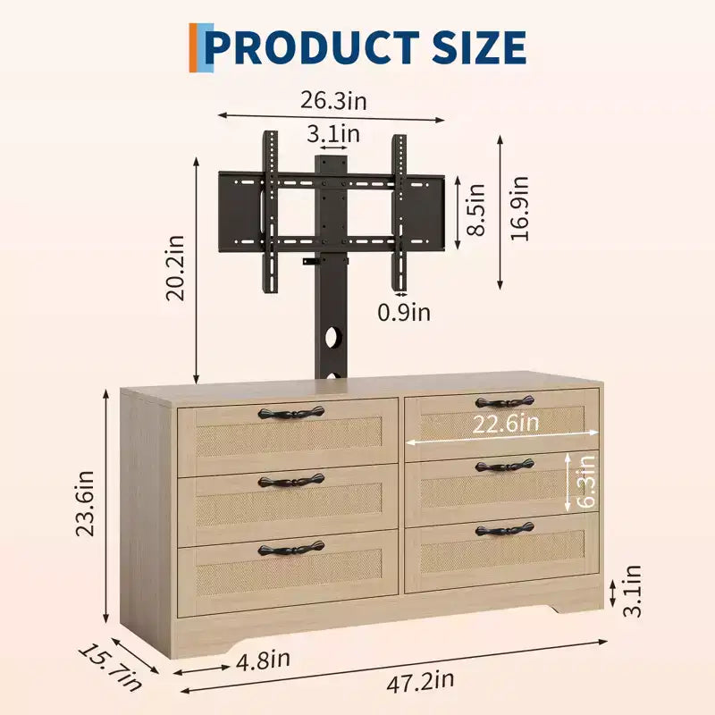 Meuble TV design moderne avec support pour téléviseurs de 32 à 85 pouces, commode en rotin à 6 tiroirs, rangement spacieux, console média