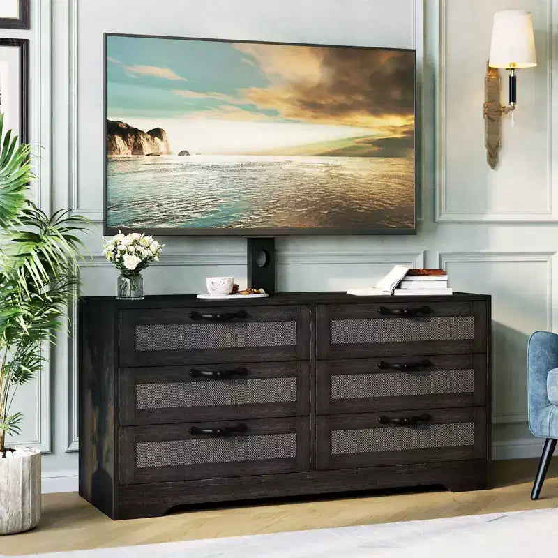 Meuble TV design moderne avec support pour téléviseurs de 32 à 85 pouces, commode en rotin à 6 tiroirs, rangement spacieux, console média