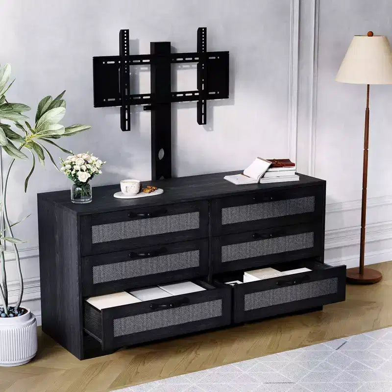 Meuble TV design moderne avec support pour téléviseurs de 32 à 85 pouces, commode en rotin à 6 tiroirs, rangement spacieux, console média