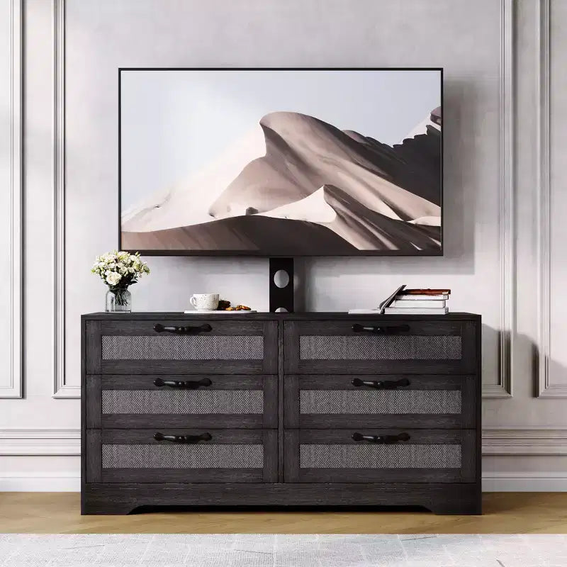 Meuble TV design moderne avec support pour téléviseurs de 32 à 85 pouces, commode en rotin à 6 tiroirs, rangement spacieux, console média
