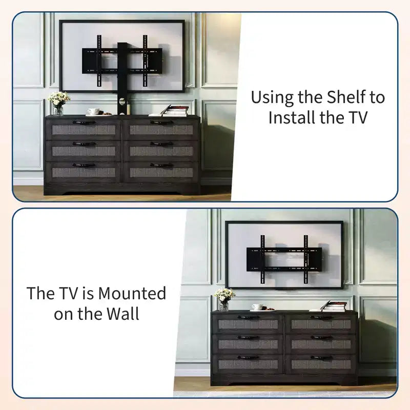 Meuble TV design moderne avec support pour téléviseurs de 32 à 85 pouces, commode en rotin à 6 tiroirs, rangement spacieux, console média