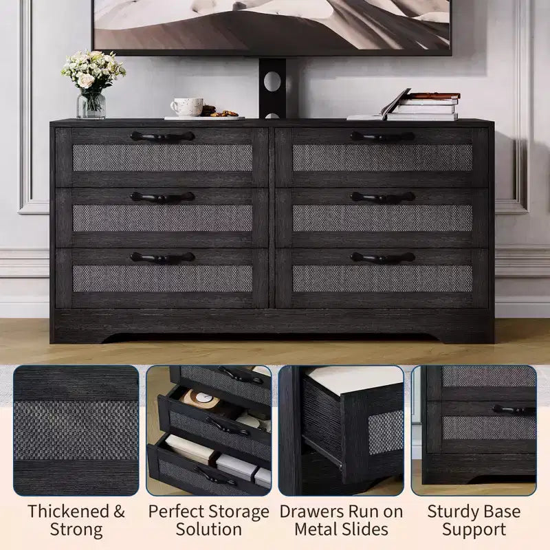 Meuble TV design moderne avec support pour téléviseurs de 32 à 85 pouces, commode en rotin à 6 tiroirs, rangement spacieux, console média