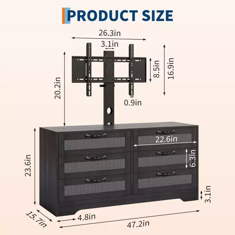Meuble TV design moderne avec support pour téléviseurs de 32 à 85 pouces, commode en rotin à 6 tiroirs, rangement spacieux, console média