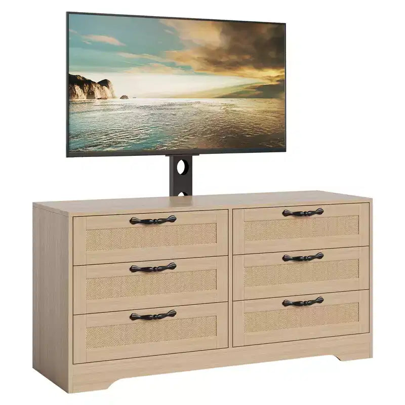Meuble TV design moderne avec support pour téléviseurs de 32 à 85 pouces, commode en rotin à 6 tiroirs, rangement spacieux, console média