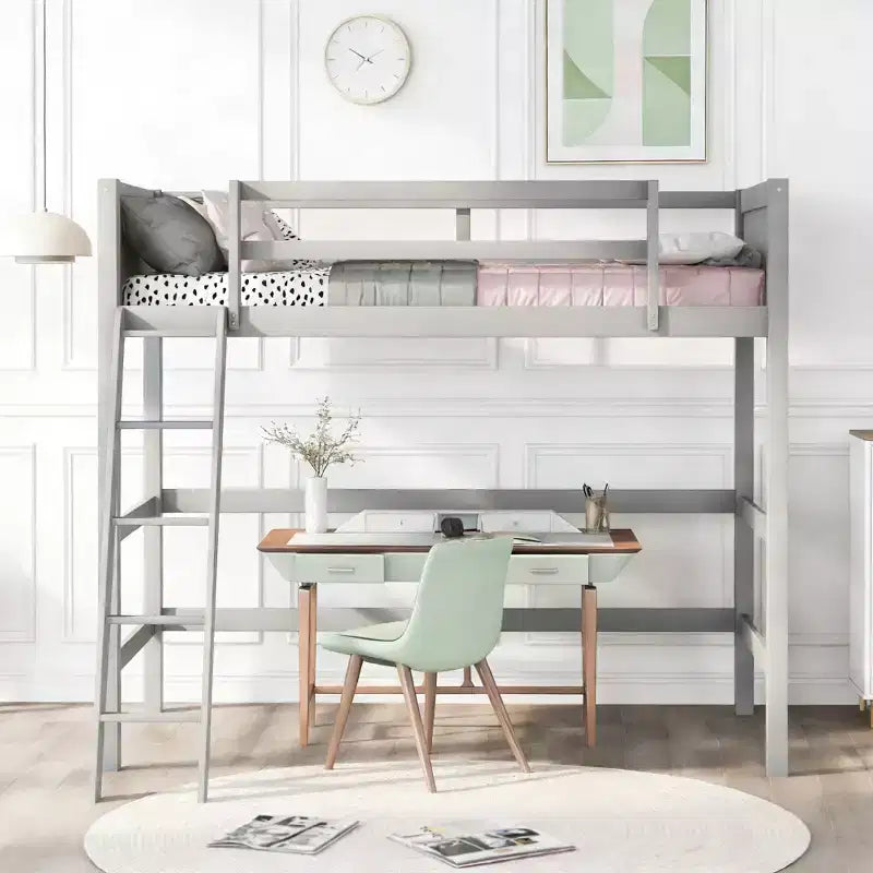 Lit mezzanine moderne en bois Luxystar, taille double, avec échelle inclinée