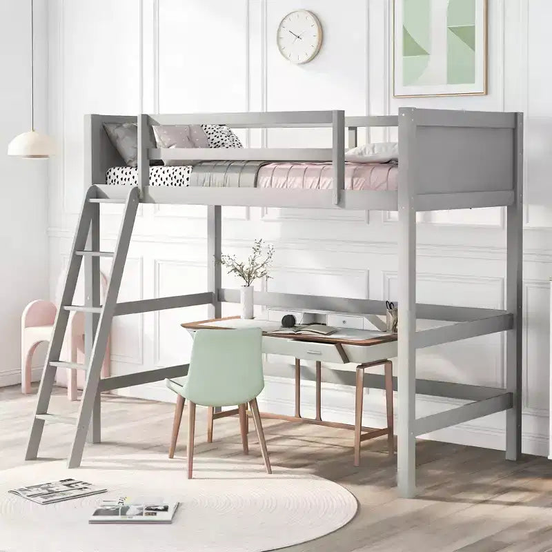 Lit mezzanine moderne en bois Luxystar, taille double, avec échelle inclinée