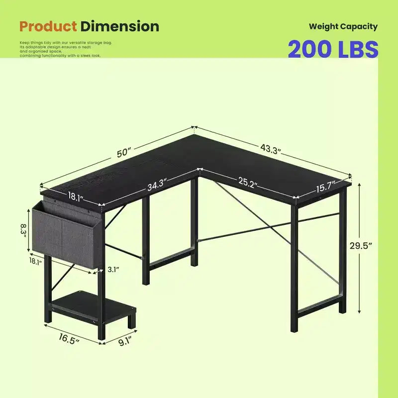 MAYEERTY Bureau d'angle en forme de L de 49 pouces, pour jeux, avec support d'unité centrale et sac latéral pour la maison, le bureau et le dortoir
