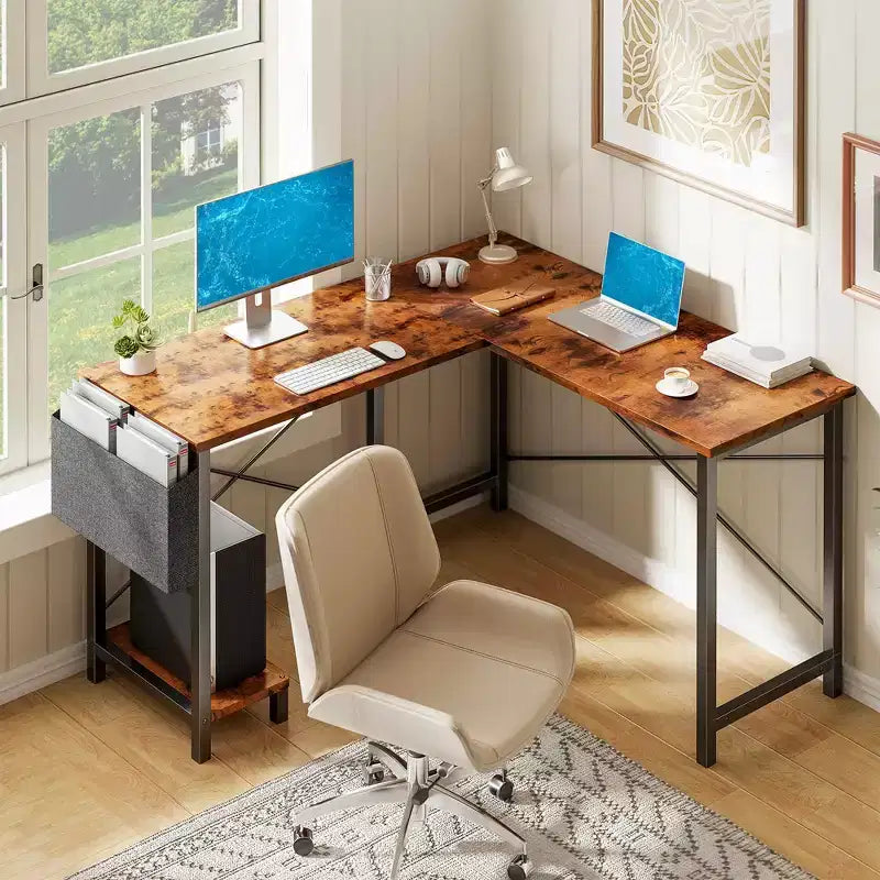 MAYEERTY Bureau d'angle en forme de L de 49 pouces, pour jeux, avec support d'unité centrale et sac latéral pour la maison, le bureau et le dortoir