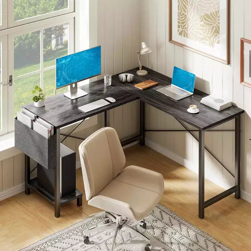 MAYEERTY Bureau d'angle en forme de L de 49 pouces, pour jeux, avec support d'unité centrale et sac latéral pour la maison, le bureau et le dortoir