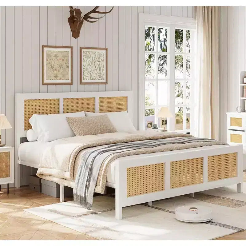 Cadre de lit moderne en rotin - Plateforme double et très grand lit avec tête de lit, design bohème, support à lattes métalliques, silencieux, rangement sous le lit