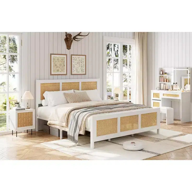 Cadre de lit moderne en rotin - Plateforme double et très grand lit avec tête de lit, design bohème, support à lattes métalliques, silencieux, rangement sous le lit