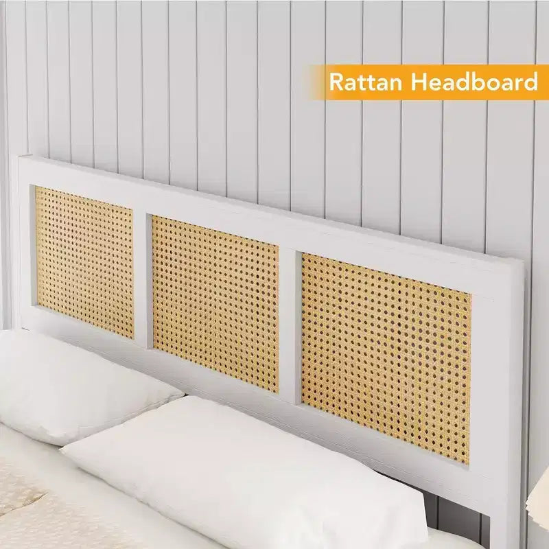 Cadre de lit moderne en rotin - Plateforme double et très grand lit avec tête de lit, design bohème, support à lattes métalliques, silencieux, rangement sous le lit