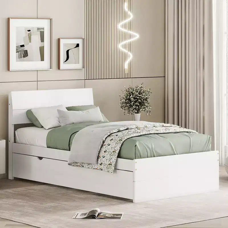 Twin Size Solid Wood Platform Bed with Trundle and Headboard, Wooden Slats Support, No Box Spring Needed, Easy Assembly, for Dorm, Bedroom