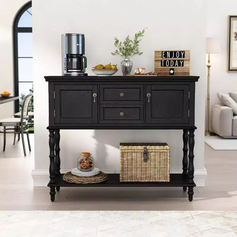 Console rétro avec tiroirs et armoires, table d'appoint étroite avec étagère ouverte pour entrée ou salon