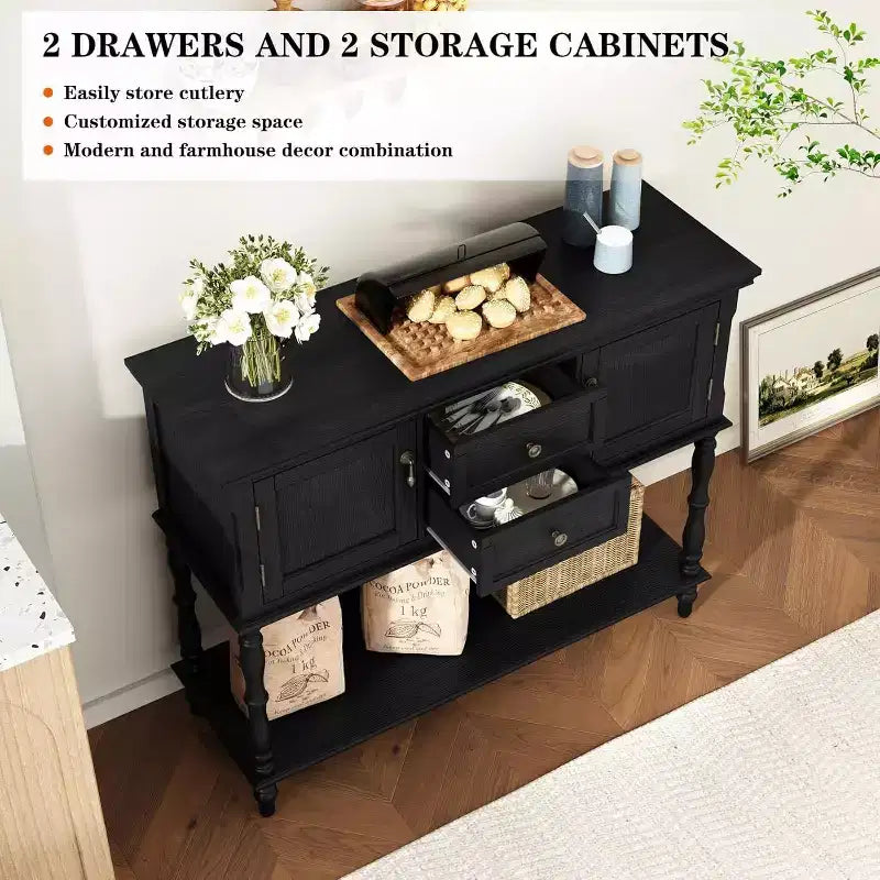 Console rétro avec tiroirs et armoires, table d'appoint étroite avec étagère ouverte pour entrée ou salon