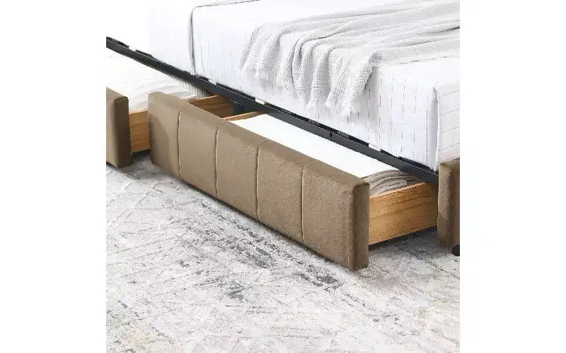 Lit de repos rembourré en velours TUYOHW Mid-Century avec 2 tiroirs, cadre de lit de rangement en bois d'eucalyptus, taille double, pour chambre et salon