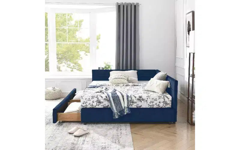 Lit de repos rembourré en velours TUYOHW Mid-Century avec 2 tiroirs, cadre de lit de rangement en bois d'eucalyptus, taille double, pour chambre et salon