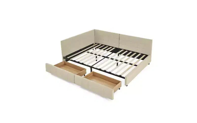 Lit de repos rembourré en velours TUYOHW Mid-Century avec 2 tiroirs, cadre de lit de rangement en bois d'eucalyptus, taille double, pour chambre et salon