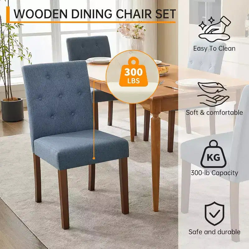 Lot de 4 chaises de salle à manger, chaises Parsons capitonnées avec pieds en bois et assise rembourrée, chaises d'appoint modernes en tissu pour salle à manger ou cuisine, bleu
