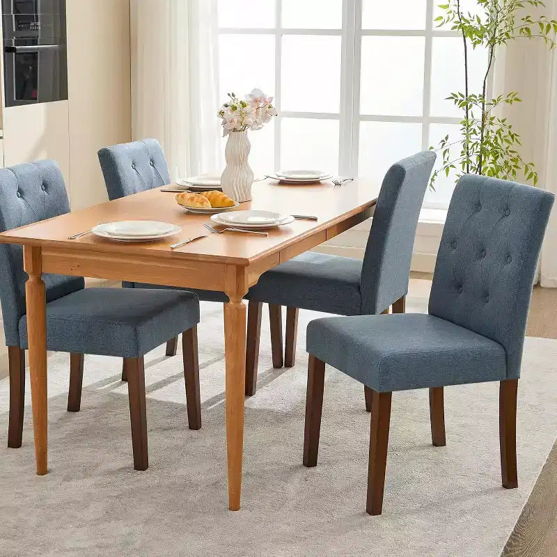 Lot de 4 chaises de salle à manger, chaises Parsons capitonnées avec pieds en bois et assise rembourrée, chaises d'appoint modernes en tissu pour salle à manger ou cuisine, bleu