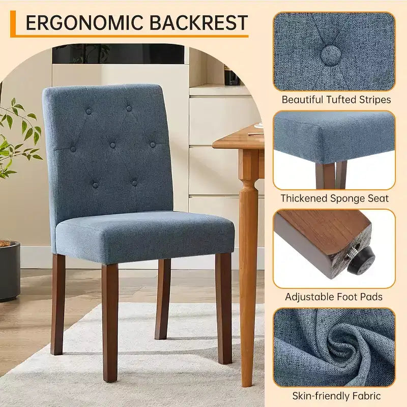Lot de 4 chaises de salle à manger, chaises Parsons capitonnées avec pieds en bois et assise rembourrée, chaises d'appoint modernes en tissu pour salle à manger ou cuisine, bleu