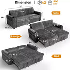 Dyonery 91 Lit convertible 4 en 1 avec dossier réglable, accoudoirs larges, chargement USB, poches latérales, porte-gobelets, assemblage sans outils