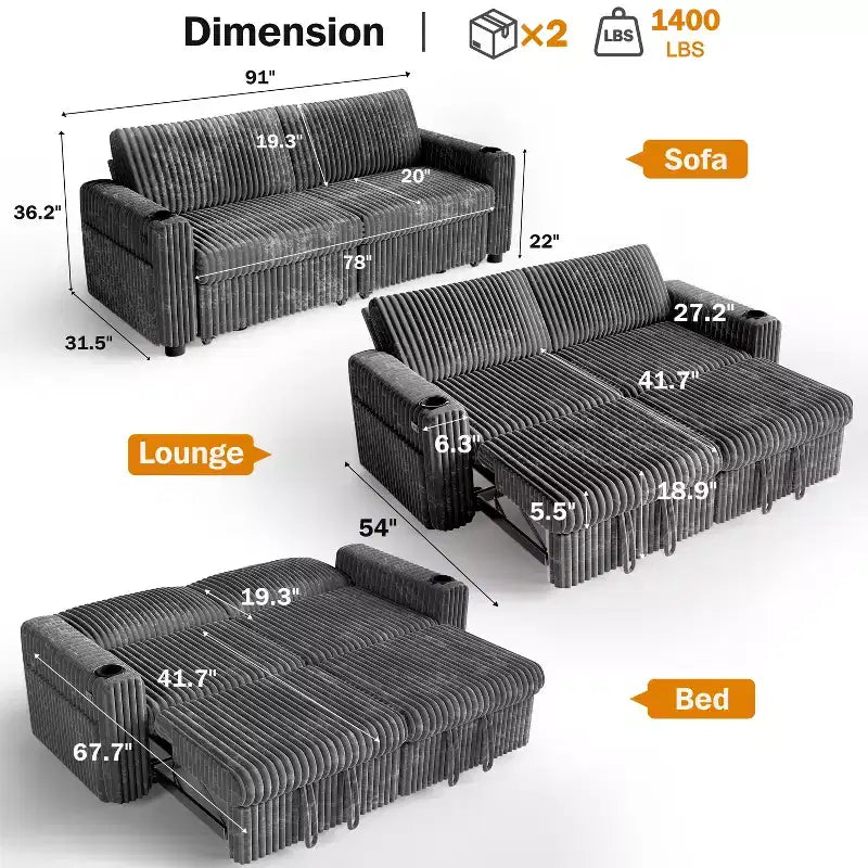 Dyonery 91 Lit convertible 4 en 1 avec dossier réglable, accoudoirs larges, chargement USB, poches latérales, porte-gobelets, assemblage sans outils