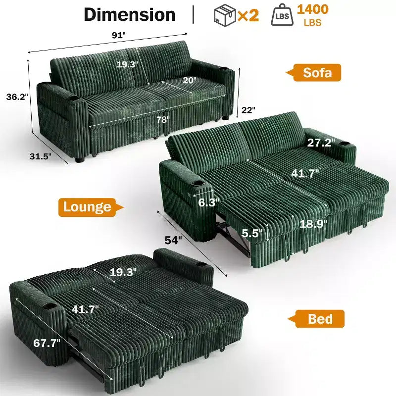 Dyonery 91 Lit convertible 4 en 1 avec dossier réglable, accoudoirs larges, chargement USB, poches latérales, porte-gobelets, assemblage sans outils