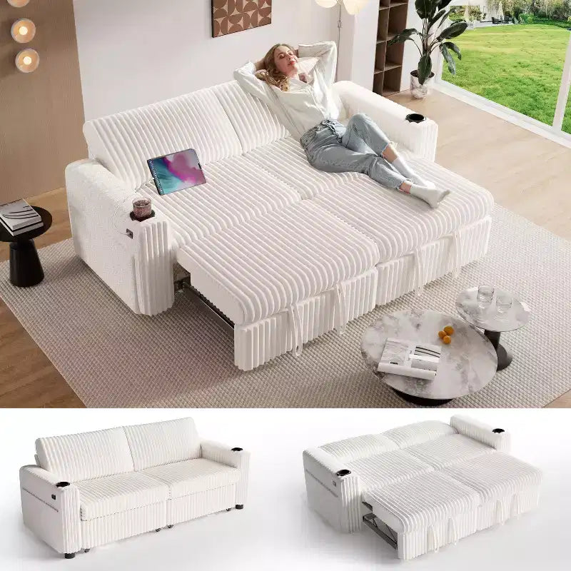 Dyonery 91 Lit convertible 4 en 1 avec dossier réglable, accoudoirs larges, chargement USB, poches latérales, porte-gobelets, assemblage sans outils