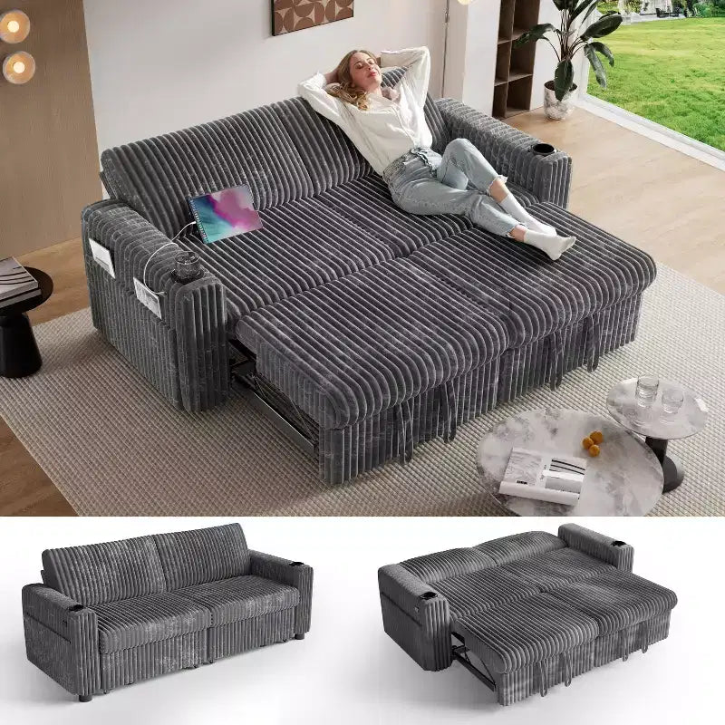 Dyonery 91 Lit convertible 4 en 1 avec dossier réglable, accoudoirs larges, chargement USB, poches latérales, porte-gobelets, assemblage sans outils