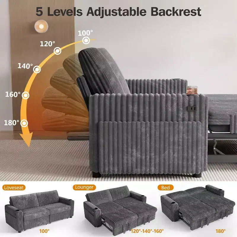 Dyonery 91 Lit convertible 4 en 1 avec dossier réglable, accoudoirs larges, chargement USB, poches latérales, porte-gobelets, assemblage sans outils