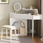 Coiffeuse de maquillage moderne Okak avec miroir pliant et tabouret, coiffeuse d'angle avec grand rangement, petite coiffeuse pour salon, dressing, blanc