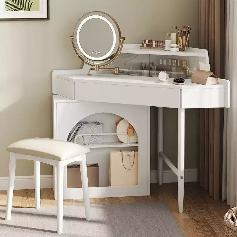 Coiffeuse de maquillage moderne Okak avec miroir pliant et tabouret, coiffeuse d'angle avec grand rangement, petite coiffeuse pour salon, dressing, blanc