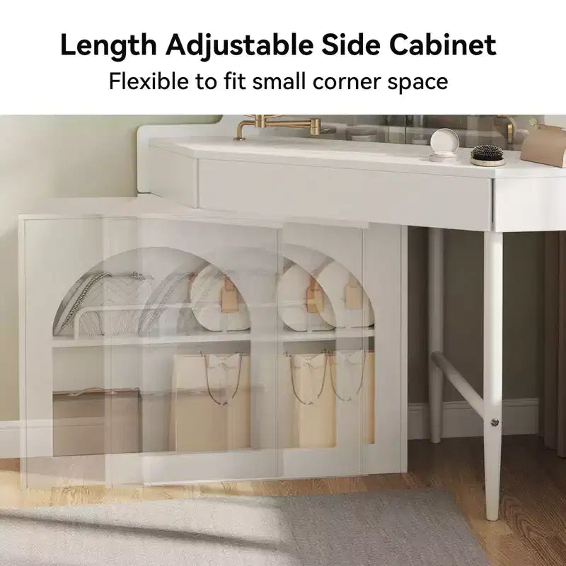 Coiffeuse de maquillage moderne Okak avec miroir pliant et tabouret, coiffeuse d'angle avec grand rangement, petite coiffeuse pour salon, dressing, blanc