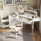 Coiffeuse de maquillage moderne Okak avec miroir pliant et tabouret, coiffeuse d'angle avec grand rangement, petite coiffeuse pour salon, dressing, blanc