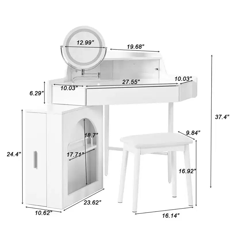 Coiffeuse de maquillage moderne Okak avec miroir pliant et tabouret, coiffeuse d'angle avec grand rangement, petite coiffeuse pour salon, dressing, blanc