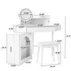 Coiffeuse de maquillage moderne Okak avec miroir pliant et tabouret, coiffeuse d'angle avec grand rangement, petite coiffeuse pour salon, dressing, blanc