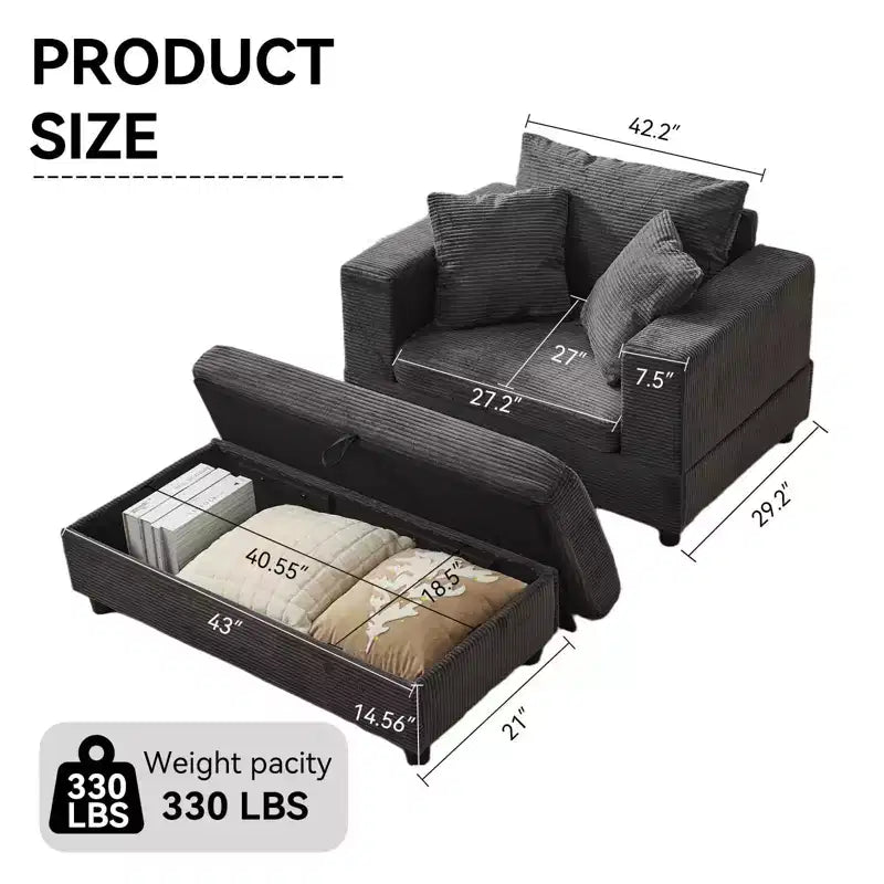 MAYEERTY Chaise Longue avec Ottoman de Rangement Amovible, Canapé-Lit Rembourré avec Oreillers Fauteuil Profond pour Salon Chambre