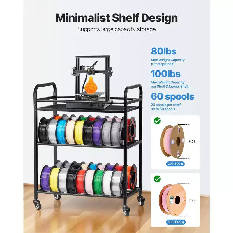 VEVOR Support de Stockage de Filament pour Imprimante 3D, Étagère de Rangement Robuste à 3 Niveaux, Supports de Bobine de Filament Roulants avec Roues, Noir