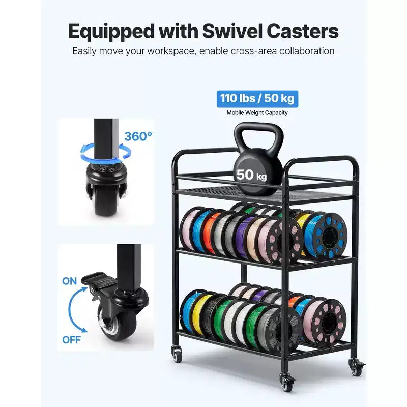 VEVOR Support de Stockage de Filament pour Imprimante 3D, Étagère de Rangement Robuste à 3 Niveaux, Supports de Bobine de Filament Roulants avec Roues, Noir