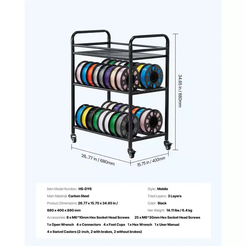 VEVOR Support de Stockage de Filament pour Imprimante 3D, Étagère de Rangement Robuste à 3 Niveaux, Supports de Bobine de Filament Roulants avec Roues, Noir