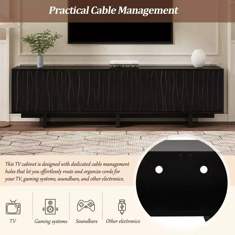 VIYET 69.6Meuble TV Rétro en Bois pour TV jusqu'à 75 pouces, Console Multimédia Rustique avec Portes Ondulées et Gestion des Câbles, Noir