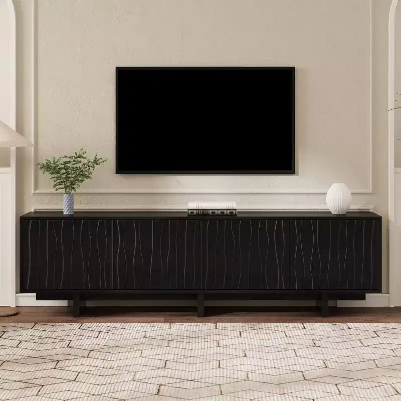 VIYET 69.6Meuble TV Rétro en Bois pour TV jusqu'à 75 pouces, Console Multimédia Rustique avec Portes Ondulées et Gestion des Câbles, Noir