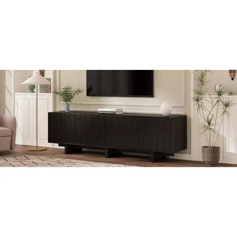 VIYET 69.6Meuble TV Rétro en Bois pour TV jusqu'à 75 pouces, Console Multimédia Rustique avec Portes Ondulées et Gestion des Câbles, Noir