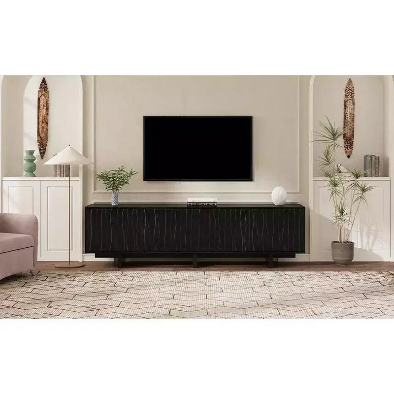 VIYET 69.6Meuble TV Rétro en Bois pour TV jusqu'à 75 pouces, Console Multimédia Rustique avec Portes Ondulées et Gestion des Câbles, Noir