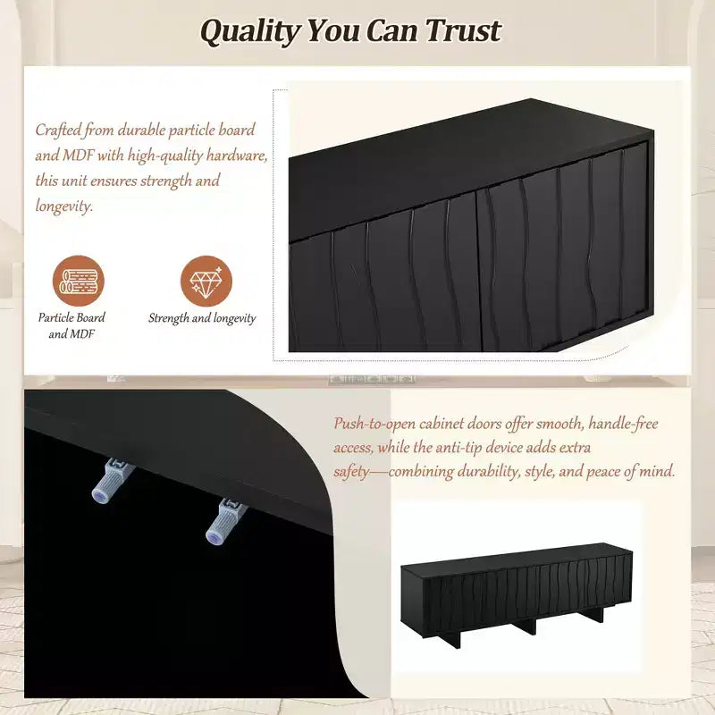 VIYET 69.6Meuble TV Rétro en Bois pour TV jusqu'à 75 pouces, Console Multimédia Rustique avec Portes Ondulées et Gestion des Câbles, Noir