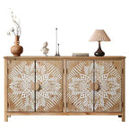 VIYET 60 American Style Wood Accent Cabinet, Antique Brown+White 4-Door Cabinet w/ Adjustable Partitions, Multi-Scene Use